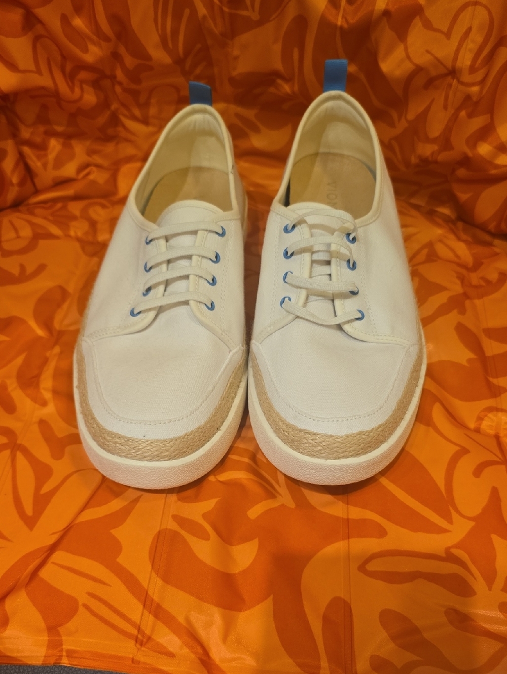 Vionic White Canvas Sneakers with Tan Rope Trim and Blue Eyelets